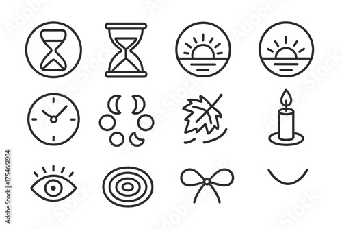 Icons of Time. Line style round icons of symbolic time: sand, hourglass, sunset, sunrise; ticking hand, moon cycle, leaf fall,