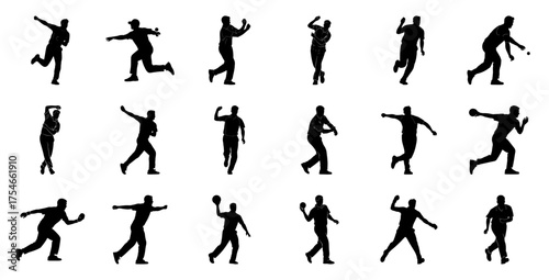 Cricket players in action silhouettes sport