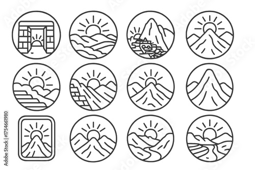 Sunrise at Machu Picchu. Line style round icons of sunrise at Machu Picchu: sun gate, rising light, citadel, summit; mist, terrace