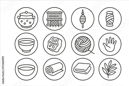 Traditional Craft Icons. Line style round icons of traditional crafts: indigo dye, weaving loom, spindle, thread; basket, carved