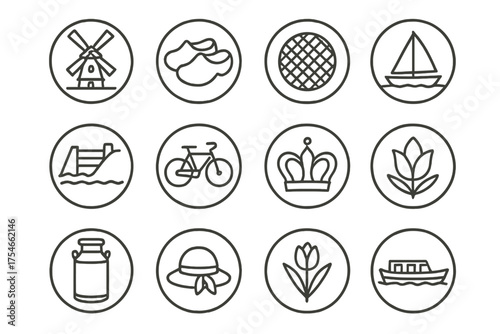 Dutch Icons Collection. Line style round icons of traditional Dutch symbols: windmill, wooden shoes, stroopwafel, cow bell; dike,