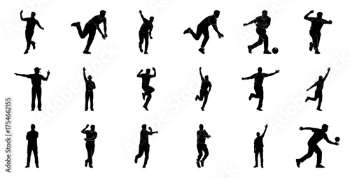 Cricket players in action silhouettes sport