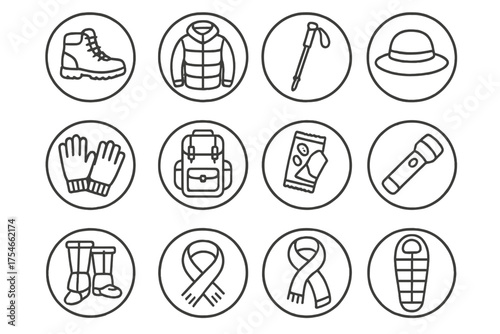 Trekking Gear Icons. Line style round icons of trekking gear: hiking boots, layered jacket, walking stick, hat; gloves, backpack,