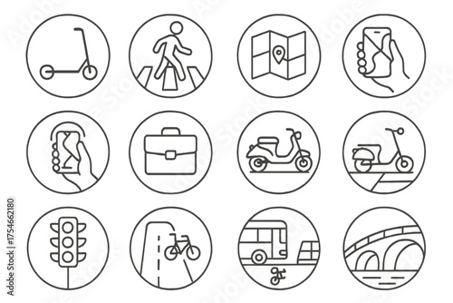 Urban Commuting Icons. Line style round icons of urban commuting: kick scooter, crosswalk, city map, phone in hand; office bag,