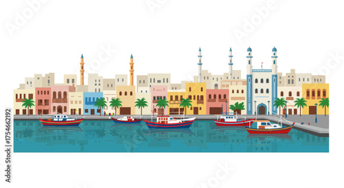 Scenic panoramic view of an Arabian cityscape with traditional architecture and boats sailing in the calm waters of the harbor