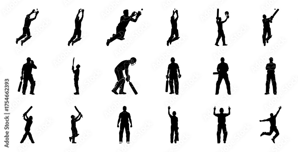 Fototapeta premium Cricket players in various actions silhouette sport