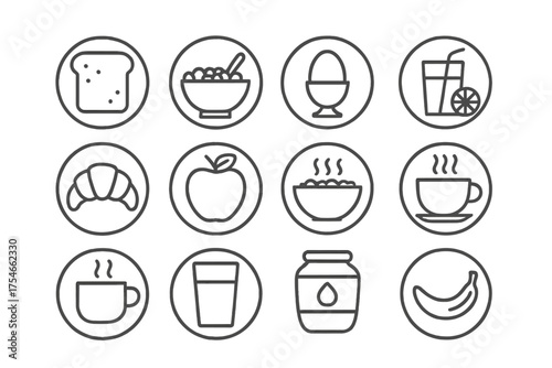 Morning Breakfast Icons. Line style round icons of morning food: toast, cereal bowl, boiled egg, orange juice; croissant, apple,