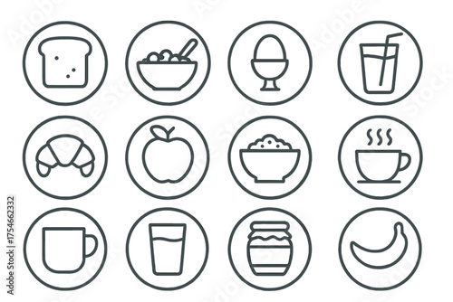 Morning Breakfast Icons. Line style round icons of morning food: toast, cereal bowl, boiled egg, orange juice; croissant, apple,