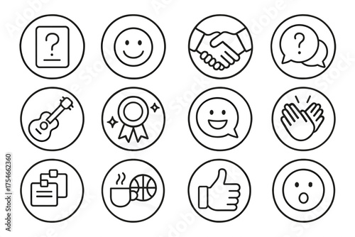 Icebreaker Icon Set. Line style round icons of icebreaker moments: question card, smile, handshake, fun fact; hobby icon, badge
