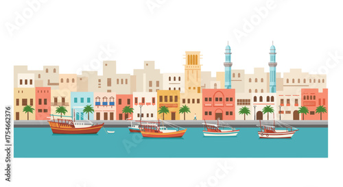 Traditional Dhows Sail Along a Historic Arabian Waterfront Lined with Buildings