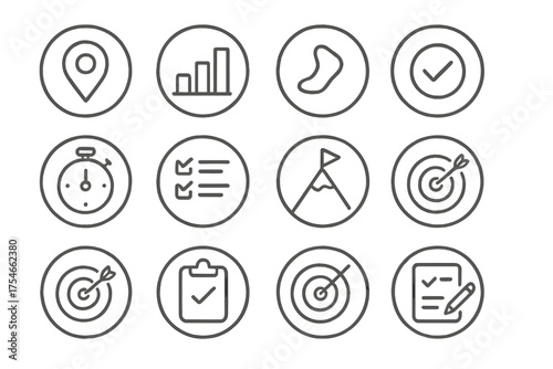 SMART Goals Icons. Line style round icons of SMART goals: specific tag, measurable bar, achievable step, relevant icon; time-bound