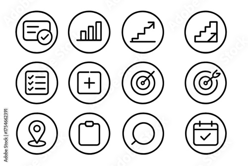 SMART Goals Icons. Line style round icons of SMART goals: specific tag, measurable bar, achievable step, relevant icon; time-bound