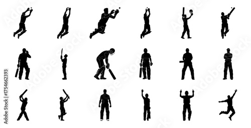 Cricket players in various actions silhouette sport