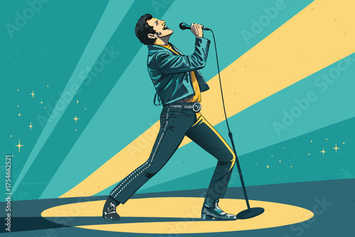 A stylized illustration of a male singer performing on stage with a microphone.