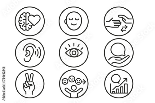 Emotional Intelligence Icons. Line style round icons of emotional intelligence: brain-heart, calm face, empathy hand, feedback