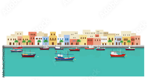 Colorful Mediterranean village with boats docked in the harbor under a clear sky, charming coastal town, sunny day