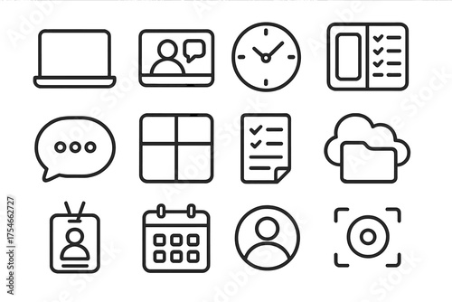 Remote Work Icons. Line style round icons of remote career tools: laptop icon, video call, time tracker, digital planner; async