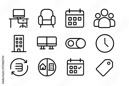 Hybrid Work Icons. Line style round icons of hybrid work model: office desk, home chair, calendar slots, team icon; building icon,