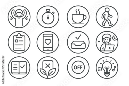 Freelance Routine Icons. Line style round icons of freelance routine: morning stretch, deep work timer, break tea, midday walk;