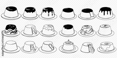 A collection of hand-drawn pudding and flan desserts with various toppings and styles in black and white line art.