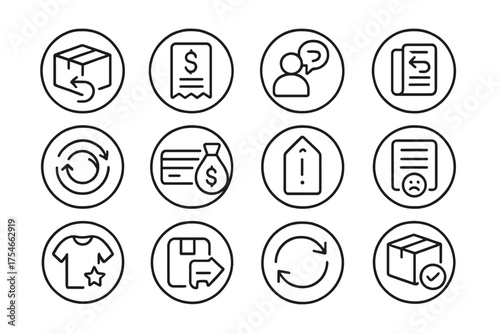 E-commerce Returns Icons. Line style round icons of e-commerce returns and refunds: return box, refund receipt, customer request,