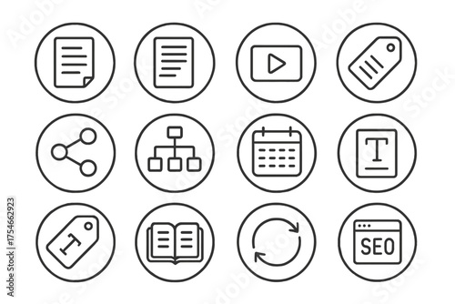 Content Marketing Icons. Line style round icons of content marketing: article icon, blog post, video play, infographic tag; social