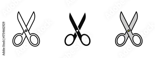 Scissor icon in stroke, fill, and color variations with a clean white background ideal for representing cutting tools, editing, design, crafting, and creative work applications.