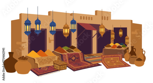 Traditional Middle Eastern Bazaar Scene with Spices, Carpets, and Lanterns