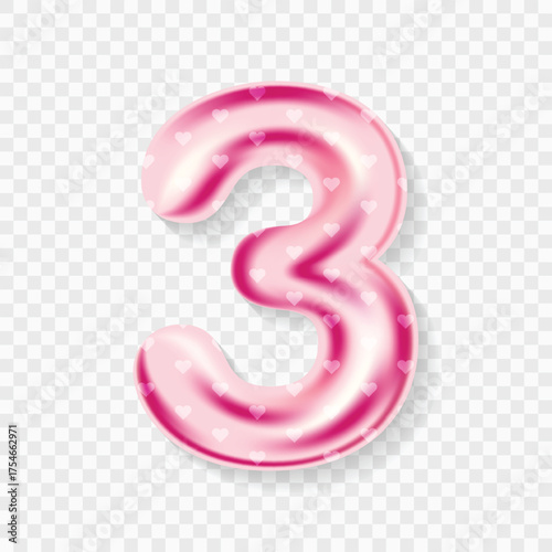 Editable 3D Pink Heart Balloon Number 3 Isolated on Transparent Background with Cute Design for Birthday or Party