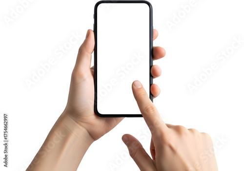 Woman Using Smartphone with Blank White Screen, Mobile Technology, Internet Connectivity, App Interaction, Hands Holding Device, Black Background, Modern Lifestyle