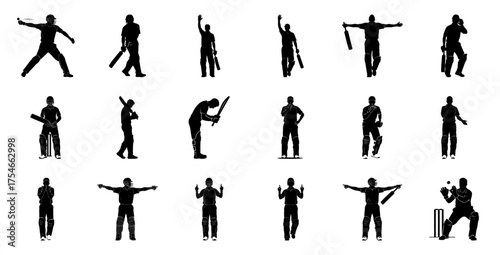 Cricket players in various poses silhouette sport