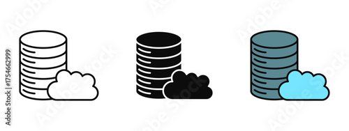 Storage icon in stroke, fill, and color variations with a clean white background ideal for representing data storage, cloud backup, server management, and digital file organization.