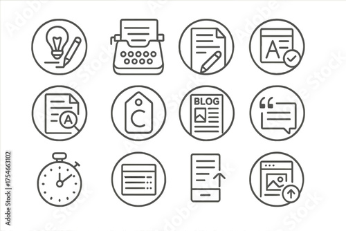 Writing Tools Icons. Line style round icons of writing and content creation: idea draft, typewriter icon, content outline, editor