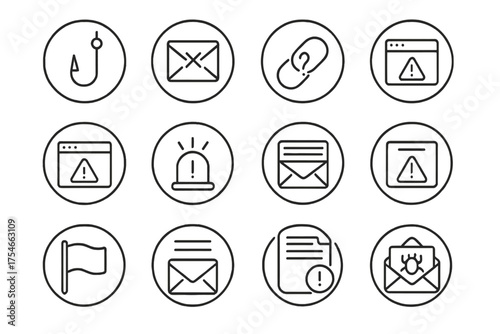 Phishing Scam Icons. Line style round icons of phishing and scams: phishing hook, fake email, suspicious link, browser warning;