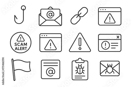 Phishing Scam Icons. Line style round icons of phishing and scams: phishing hook, fake email, suspicious link, browser warning;