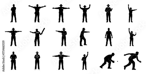 Cricket umpire and player silhouettes sport