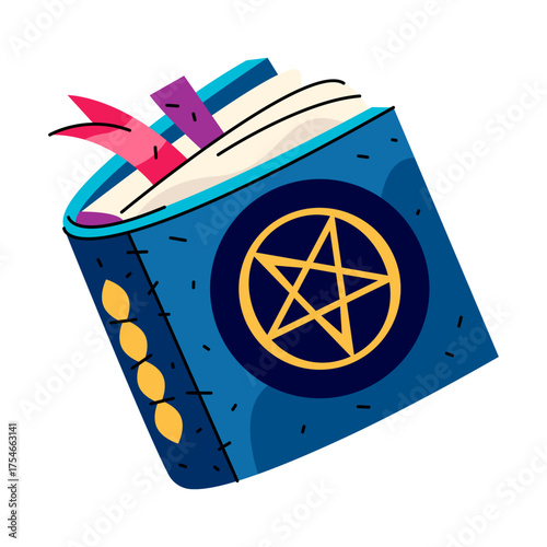 Spellbook with pentagram or magic book with star. Vector esoteric wizardry volume or sorcerer parchment with fivepoint sign. Gothic fantasy grimoire. Sorcery and witchcraft tome. Ceremony literature.