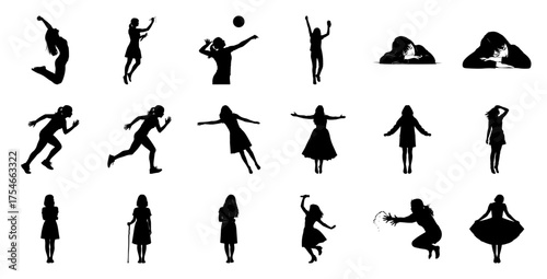 Diverse female silhouettes in various poses black and white