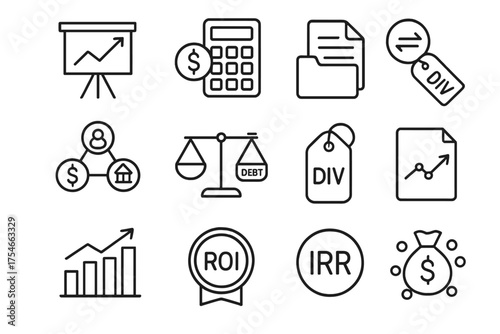 Corporate Finance Icons. Line style round icons of corporate finance: investment plan, business valuation, merger file, capital