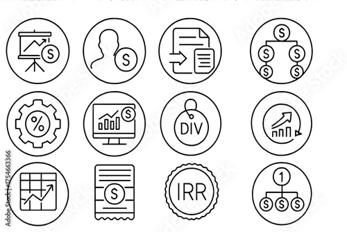 Corporate Finance Icons. Line style round icons of corporate finance: investment plan, business valuation, merger file, capital