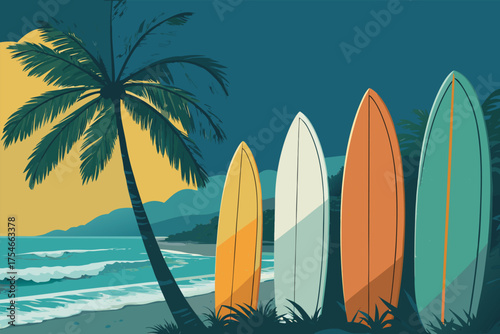 Surfboards lined up on a beach with palm trees and ocean waves.