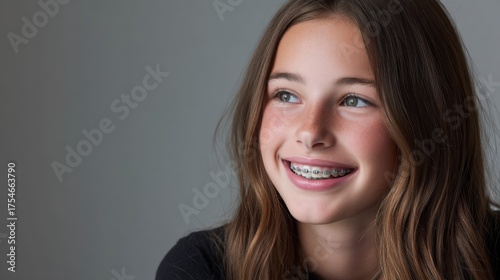 Smiling teenage girl with braces in a casual setting, looking joyful and confident against a soft gray background, showcasing youthful beauty and charm