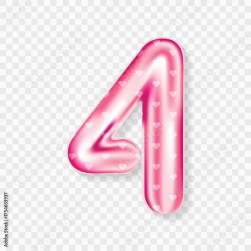 Editable 3D Pink Heart Balloon Number 4 Isolated on Transparent Background with Cute Design for Birthday or Party