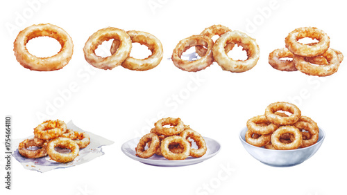 set of watercolor Golden Onion Rings Crunchy Snack Delights