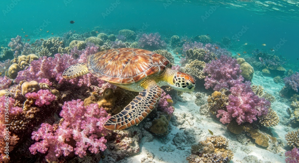 Fototapeta premium A sea turtle glides through a vibrant coral reef ecosystem.
