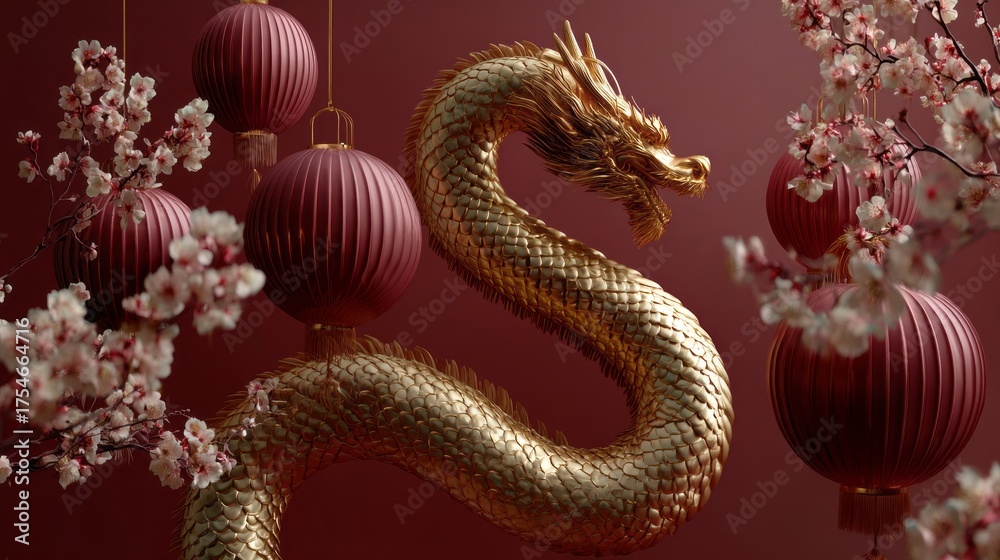 Fototapeta premium A gold dragon is surrounded by red lanterns and pink flowers