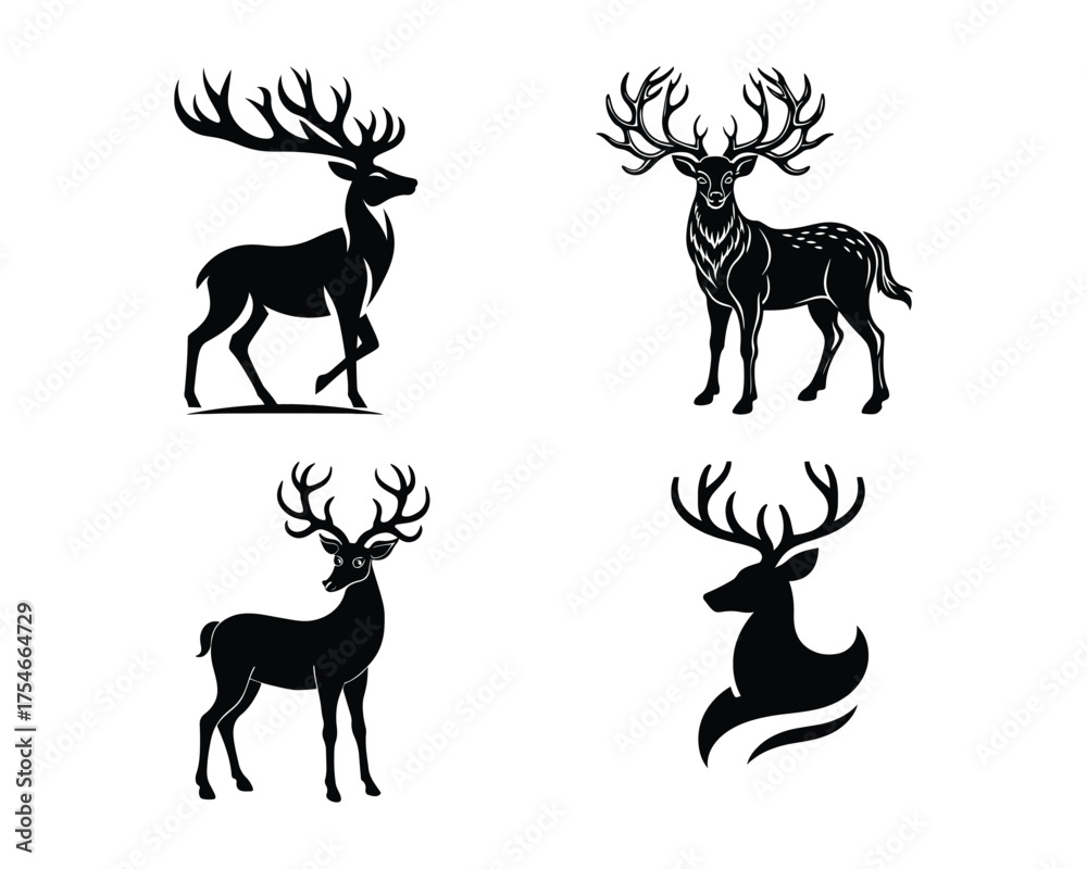 Naklejka premium deer logo set, deer vector silhouette, deer silhouette, deer vector, silhouette, deer set, animal silhouette, vector, deer antler silhouette, forest animal logo