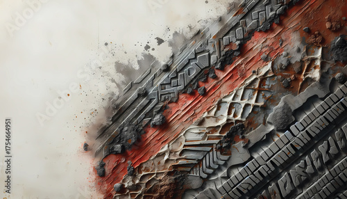 A dramatic close-up of rugged tire treads diagonally etched into a textured surface, showing rust, dust, and industrial grit. Conveys strength, durability, and urban mechanical ambiance1