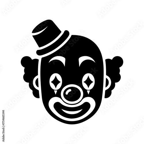 Stylized Monochrome Clown Head Graphic with Hat, Eyes, and Smile