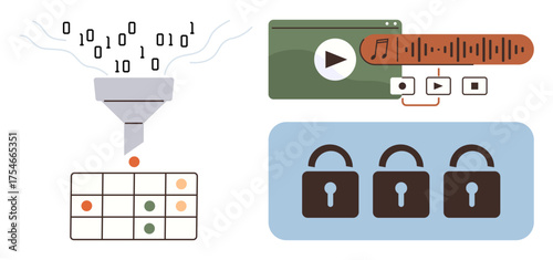Data funnel transforming binary code into organized grid multimedia playback interface three locks symbolizing cybersecurity. Ideal for data analysis, security, digital media, encryption, content